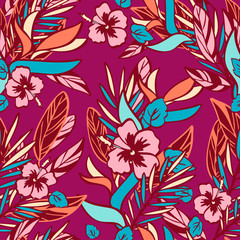 Hand drawn tropical plants and flowers in doodle style on maroon background