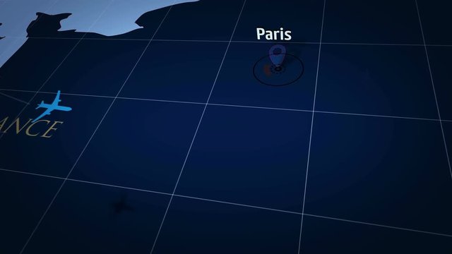 Paris on retro map. Fast flight over old atlas chart with city marked by pushpin. Vintage texture maps 3D animation.