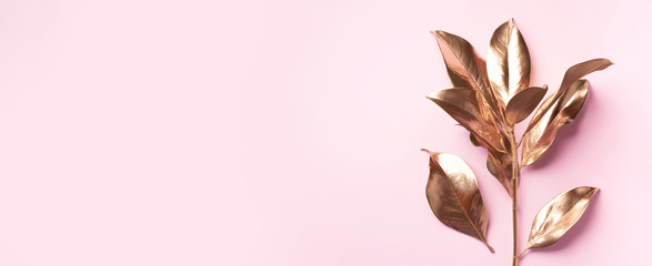 Floral minimal style concept. Exotic summer trend. Golden tropical leaves and branch on pastel pink...