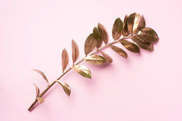 Floral minimal style concept. Exotic summer trend. Golden tropical leaves and branch on pastel pink...