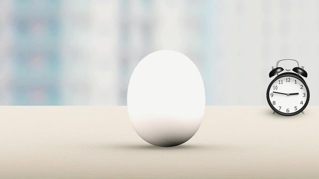 Swaying egg splitting and hatching out red grade result A+ with white eggshell exploded fragments, alarm clock.