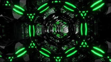 Futuristic digital abstract motion background Flight through an abstract endless tunnel of black-green rings.
