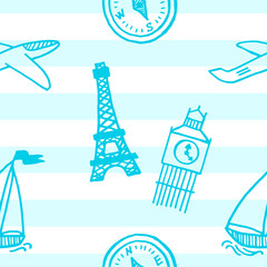 Travel, journey theme. Seamless pattern. Summer vacation. Vector illustration. Colorful background. Texture.