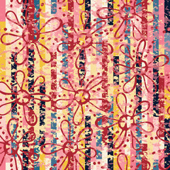Fototapeta premium Flowers and stripes abstract seamless pattern, colorful background