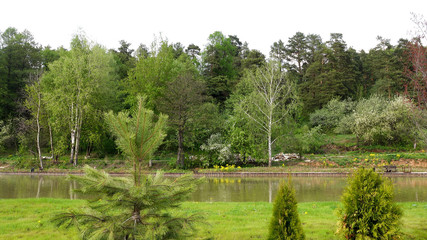 Beautiful view of the fishing pond with gazebos