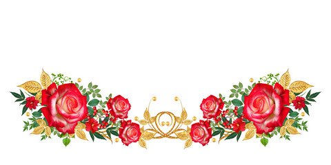 Decorative corner vignette. Golden curl, glittering leaves, flower rinds, red roses. Isolated on white background.