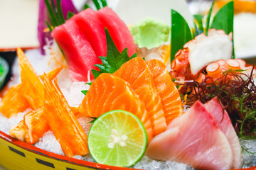 Sashimi, Japanese fresh seafood set decoration in Bento Box