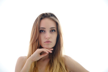 Obraz premium Photograph of a portrait of a beautiful fashionable beauty woman girl with long dark flowing hair, isolate on a white background. She is standing in different poses and smiling.