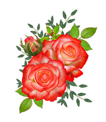 Flower composition. Bouquet of bright beautiful red yellow roses, green leaves. Isolated on white background.