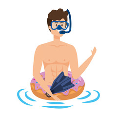 young man with donut float and diving equipment