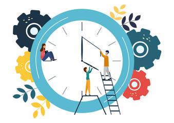 Vector illustration, round clock on white background, time management concept