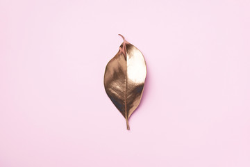 Golden leaf on pink background. Top view. Copy space. Summer and autumn concept. Creative design elements for invitation, wedding cards, valentines day, greeting cards.
