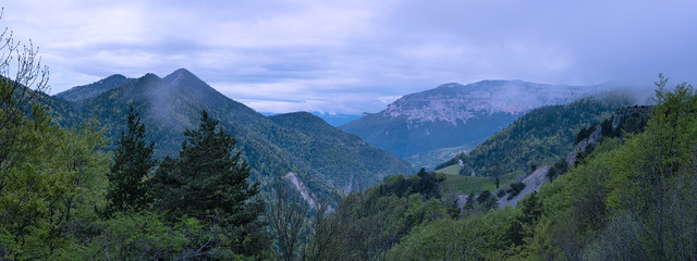 French landscape - Vercors. Panoramic view over the peaks of the Vercors in the morning.