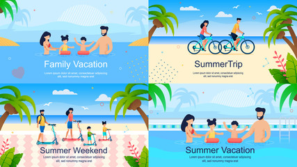 Flat Banners Set Advertises Family Summer Vacation