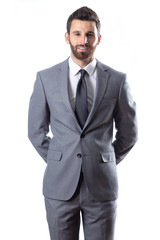 A young man wearing suit on a white background