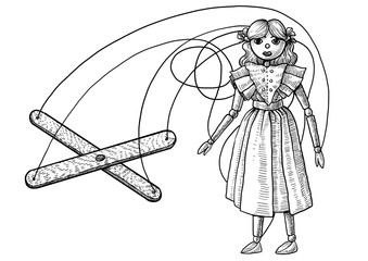 Marionette puppet illustration, drawing, engraving, ink, line art, vector