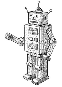 Toy robot illustration, drawing, engraving, ink, line art, vector