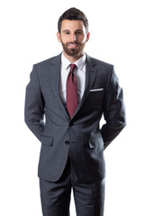 A young man wearing suit on a white background