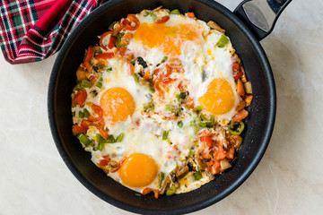 Fried Eggs with Vegetables in Pan Cooking