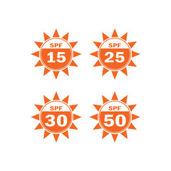Set of Sun Protection UV Index, SPF 50, SPF 50, 30, 25, 15 Vector Icons Collection. 