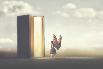 butterfly woman enters the pages of a fantasy book