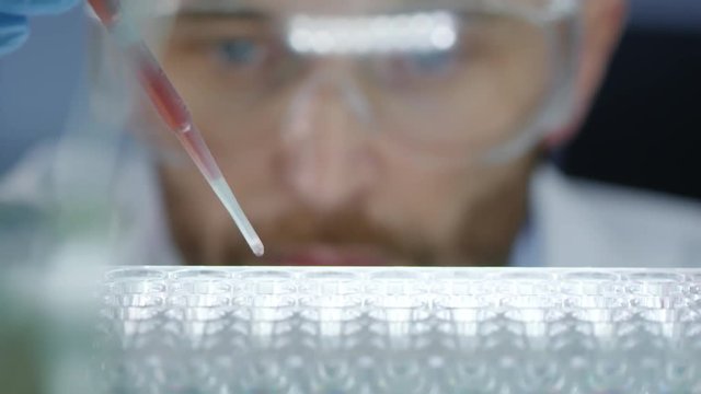 Close up of male scientist pouring red reagent into set of test tubes with pipette