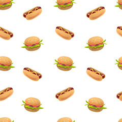 Seamless pattern with burgers and hot dogs. Flat style vector illustration on white background