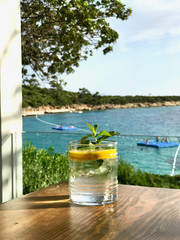 Summer Cocktail Gin Tonic with Fresh Mint Leaves on Wooden Surface Sea View on Holiday at Hotel