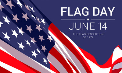 14th June - Flag Day in the United States of America. Vector banner design template with American flag and text on dark blue background.