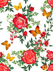 Floral seamless pattern. Red large roses, green leaves, yellow flowers, butterfly.