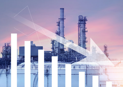 Gasoline, Oil, Petroleum Price Drop, Down And Decreasing With Illustartion Graph And Oil Refinery At The Background.