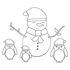 cute christmas vector card with cartoon penguins and snowman funny illustration for coloring art