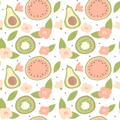 cute lovely cartoon summer seamless vector pattern background illustration with hand drawn avocado, watermelon, kiwi and flowers
