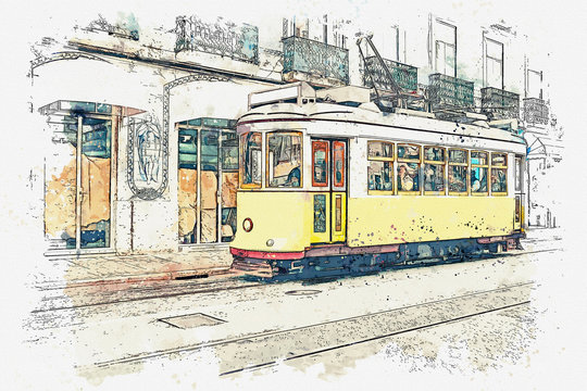 Watercolor sketch or illustration of a traditional yellow tram on a street in Lisbon in Portugal. © franz12