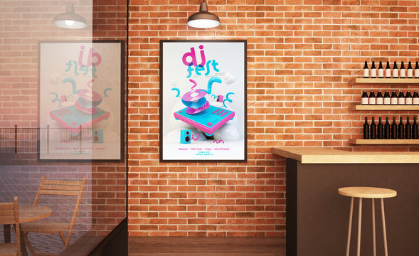 Wall Music Poster On Bar Mockup 3d Rendering