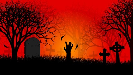 Popped zombie hand at twilight over scary cemetery