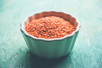 Red Lentil or Lal Masoor ki dal in a bowl, selective focus