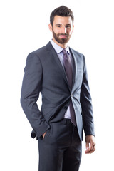 A young man wearing suit on a white background