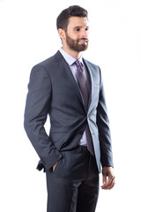 A young man wearing suit on a white background