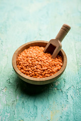 Red Lentil or Lal Masoor ki dal in a bowl, selective focus