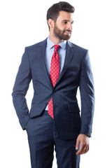 A young man wearing suit on a white background