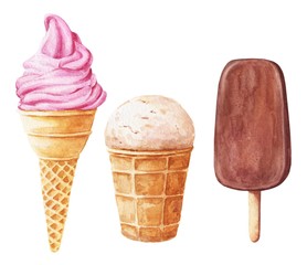 Hand drawn watercolor ice cream set isolated on white background. Delicious food illustration.