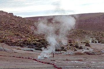 Fototapeta premium Hot spring at El Tatio Geysers with steaming geysers, hot springs, boiling water all around at sunrise, Chile, South America