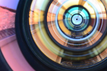 Photo Camera lens close up macro view. Concept of photographer or camera man job