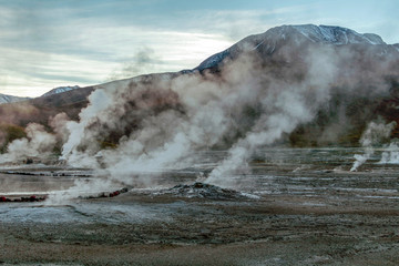 Hot spring at El Tatio Geysers with steaming geysers, hot springs, boiling water all around at sunrise, Chile, South America