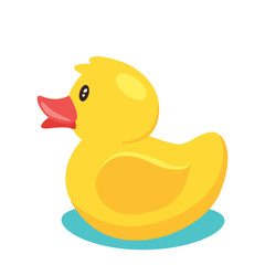 Yellow cute cartoon rubber bath duck in blue water. vector illustration