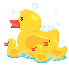 Yellow cute cartoon rubber bath duck in blue water. vector illustration