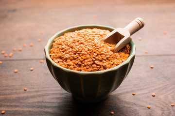 Red Lentil or Lal Masoor ki dal in a bowl, selective focus