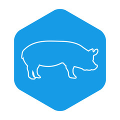 Icono plano silueta cerdo lineal en hexágono color azul