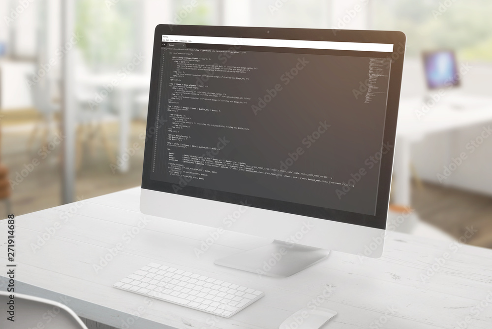 Poster Computer display close-up with a development code editor and some javascript code.